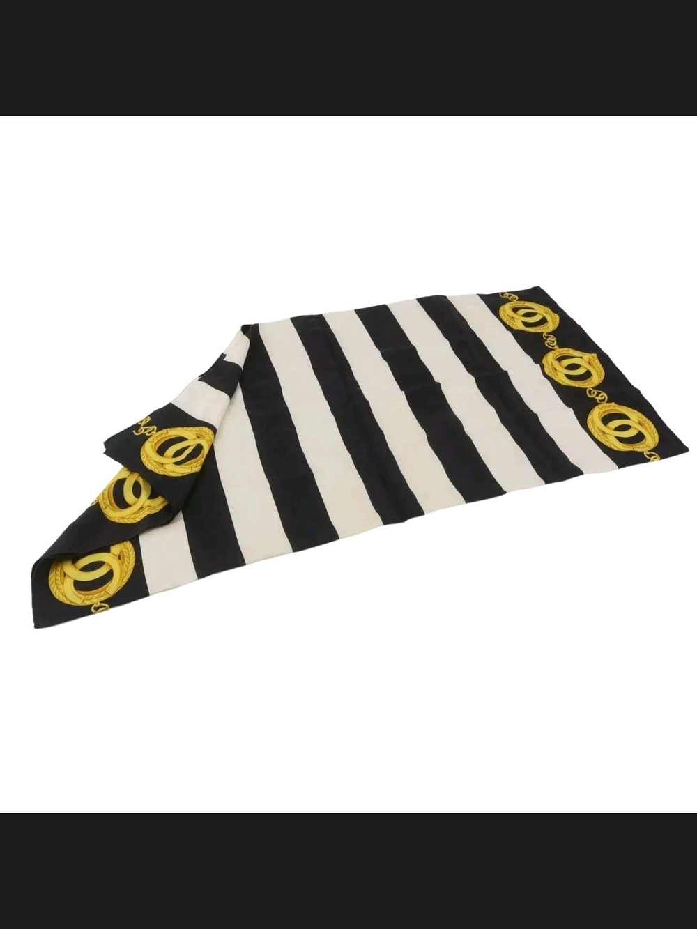 CHANEL Black and White Striped Silk Scarf